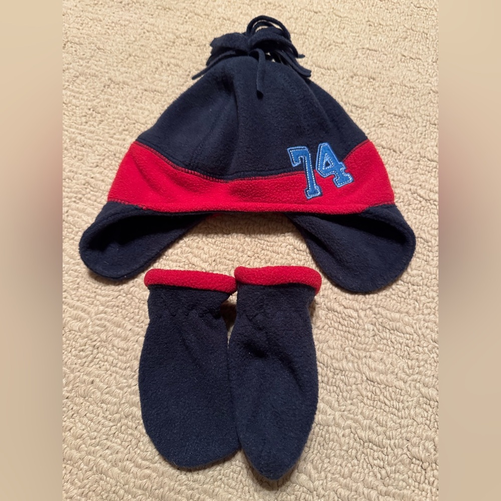 Oshkosh Navy and Red Fleece Hat and Mittens Set